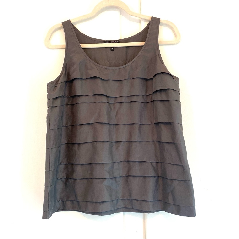 Eileen Fisher 100% Silk Habutai Tiered Ruffled Layers Sleeveless Scoop Drapes PM